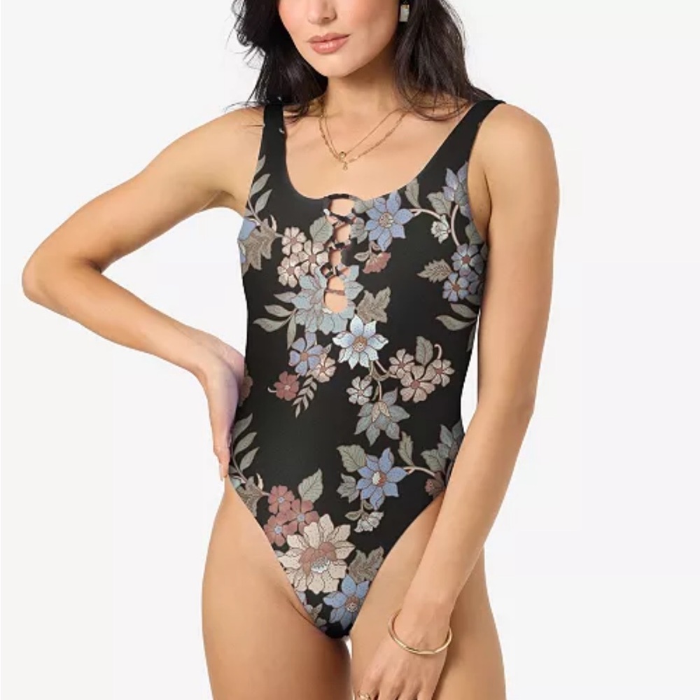 O'Neill Black Floral Lace-Up One Piece